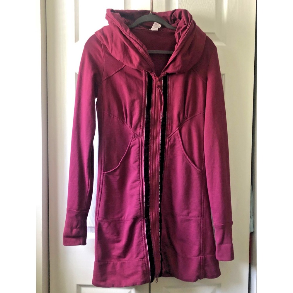 Prairie Underground Longline Hooded Jacket Burgundy Organic Cotton Velvet Trim M